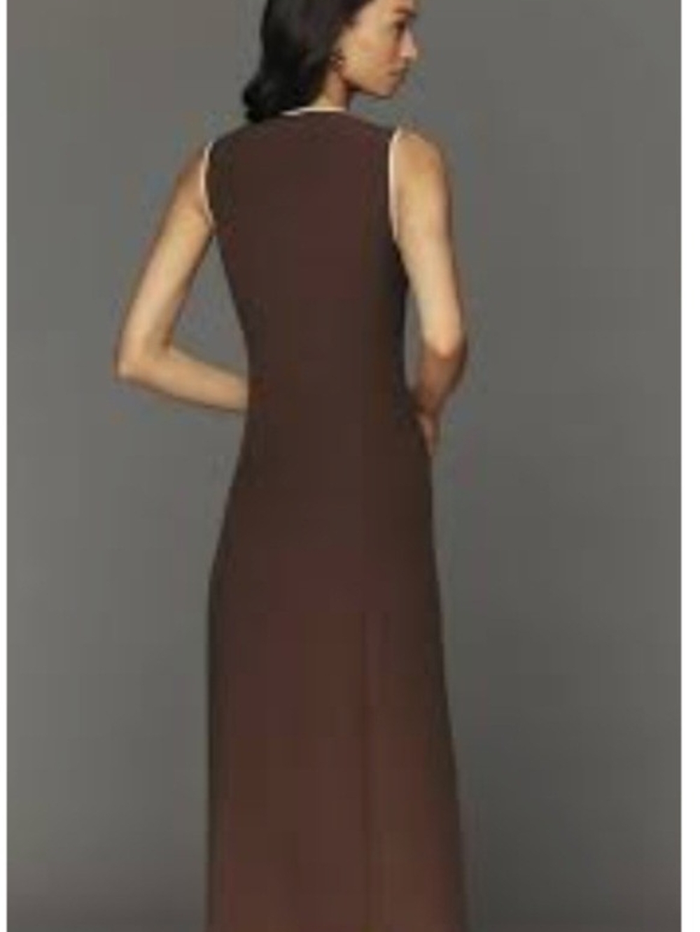 Sleeveless Chocolate Brown Wrap-Front Midi Dress with White Piping - Picture 3 of 7